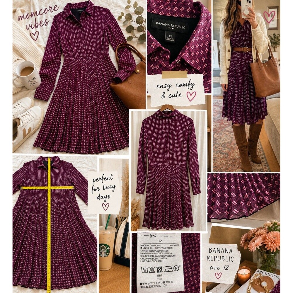 Banana Republic Pleated Shirt Dress 12 Berry Geometric Teacher Office Chic Luxe